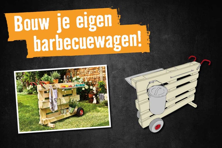 Afbeelding van een zelfgemaakte barbecuekar van houten pallets