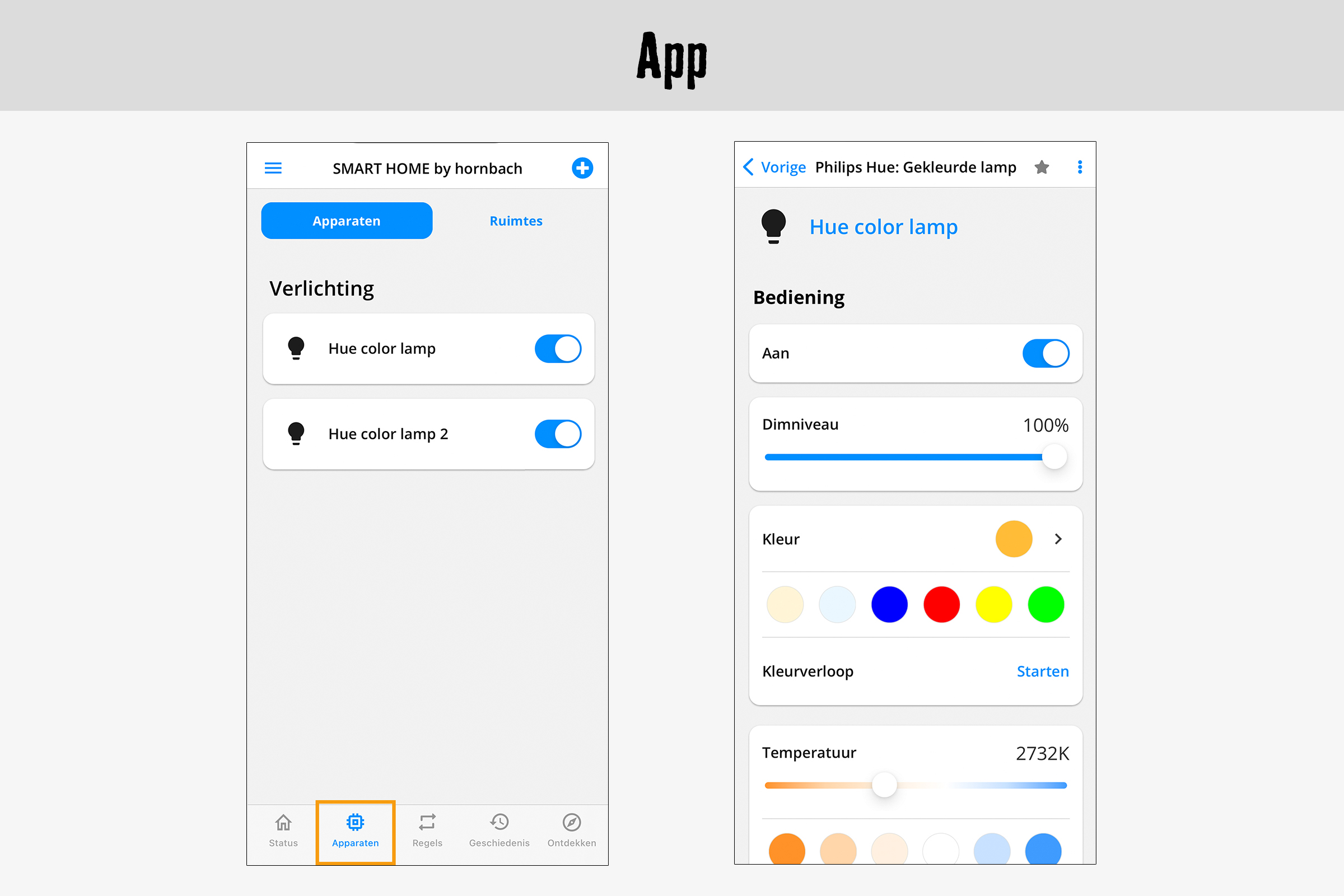 App-weergave voor het bedienen van Philips Hue lampen
