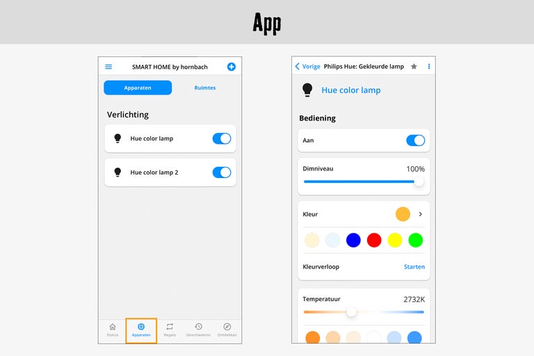 App-weergave voor het bedienen van Philips Hue lampen