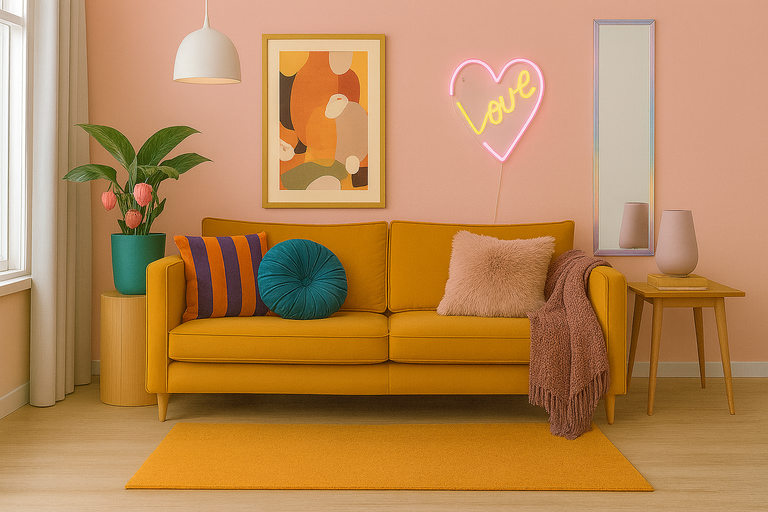 Woonkamer met gele bank, kussens, vloerkleed en decoraties