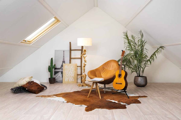 Lichte zolderkamer met dakraam, fauteuil, gitaar en decoratie