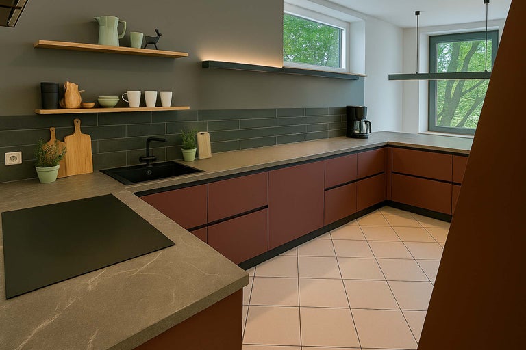 Moderne keuken met gootsteen, kookplaat, werkblad en keukenkasten