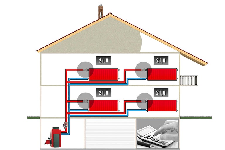 Illustratie van een huis met verwarmingssysteem en kostenberekening