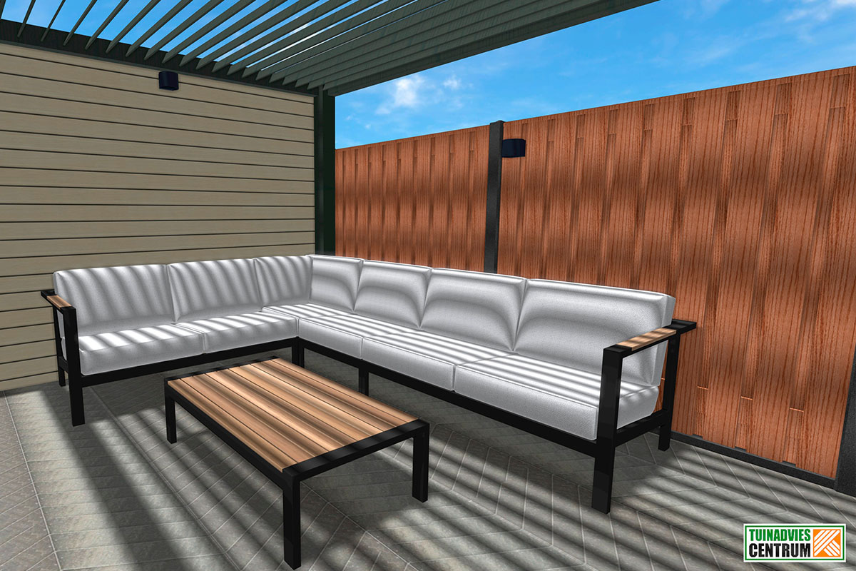 Tuinmeubelset met hoekbank en tafel op een terras