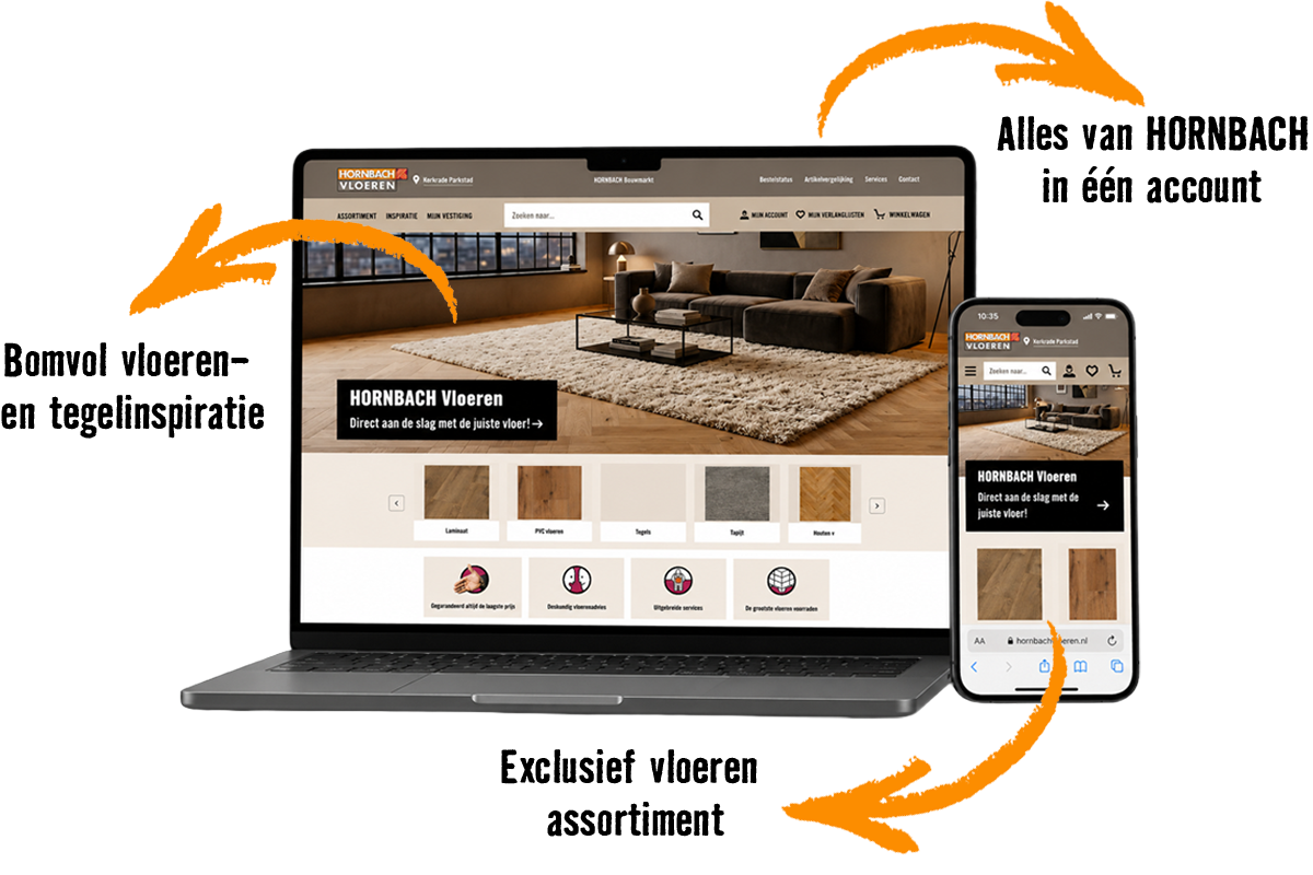 Hornbach Logo in de webshop voor vloeren op laptop en smartphone, illustratie van responsive design voor eenvoudig online bestellen.