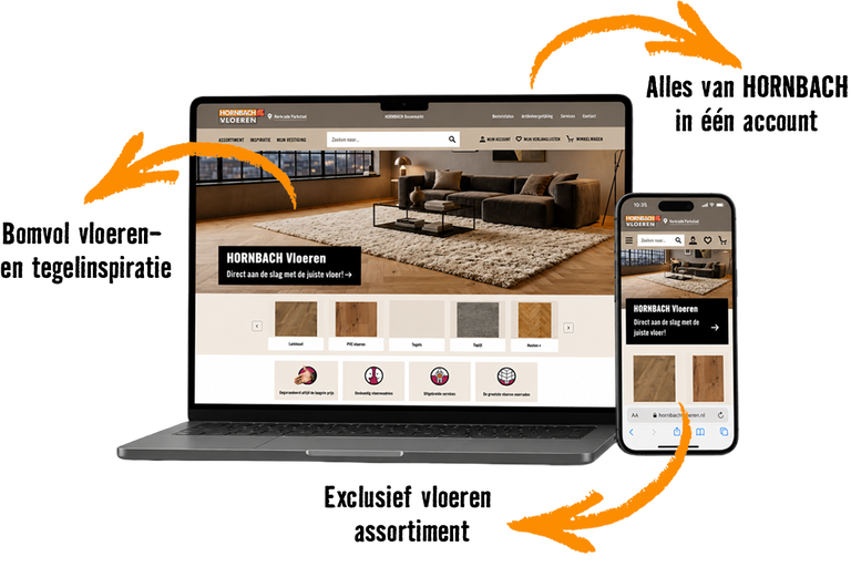 Hornbach Logo in de webshop voor vloeren op laptop en smartphone, illustratie van responsive design voor eenvoudig online bestellen.