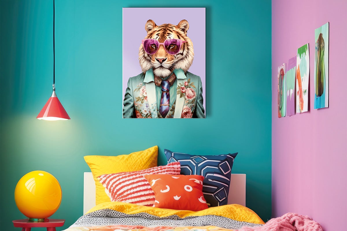 Slaapkamer met bed, nachtlamp en een muurschildering van een tijger in een pak.