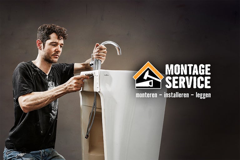 Ambachtsman monteert wastafelkraan; Montage Service Logo