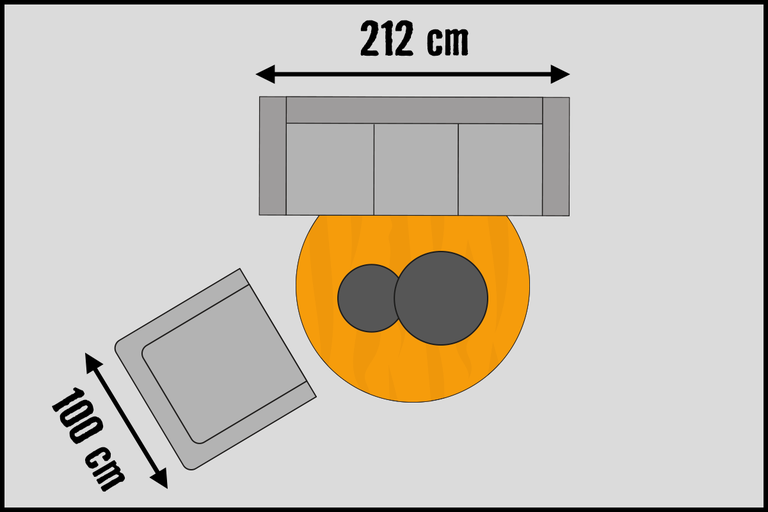Bovenaanzicht van een woonkamer met bank, tafel en fauteuil met afmetingen van 212 cm en 100 cm