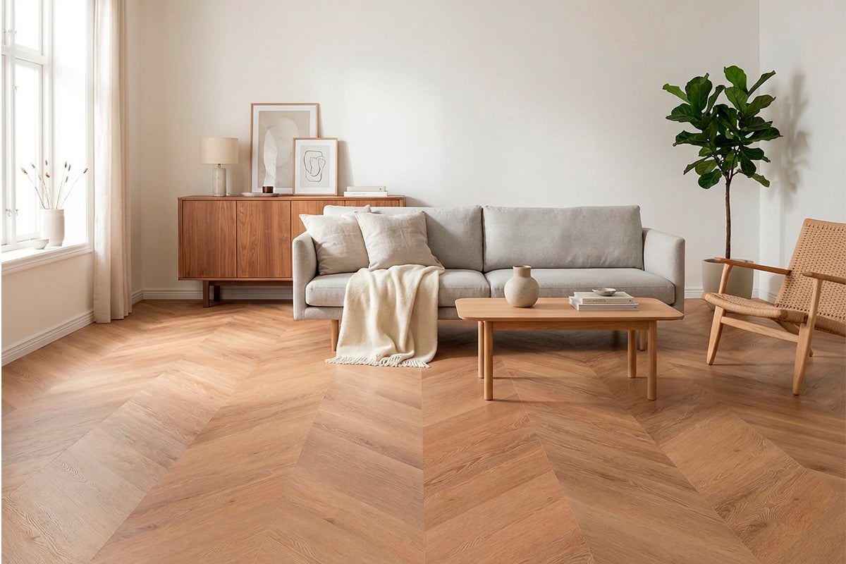 Moderne woonkamer met vloer in chevronpatroon, grijze bank en lichte houten meubels in Scandinavisch design.