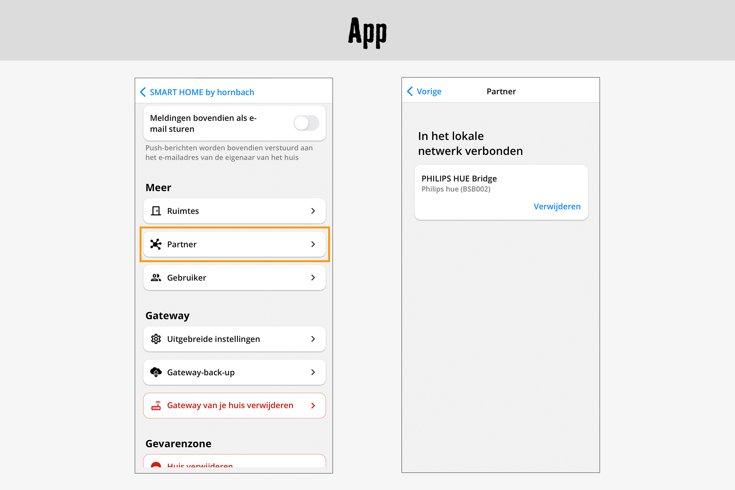 SMART HOME by Hornbach app-weergave met partnerfunctie en PHILIPS HUE Bridge