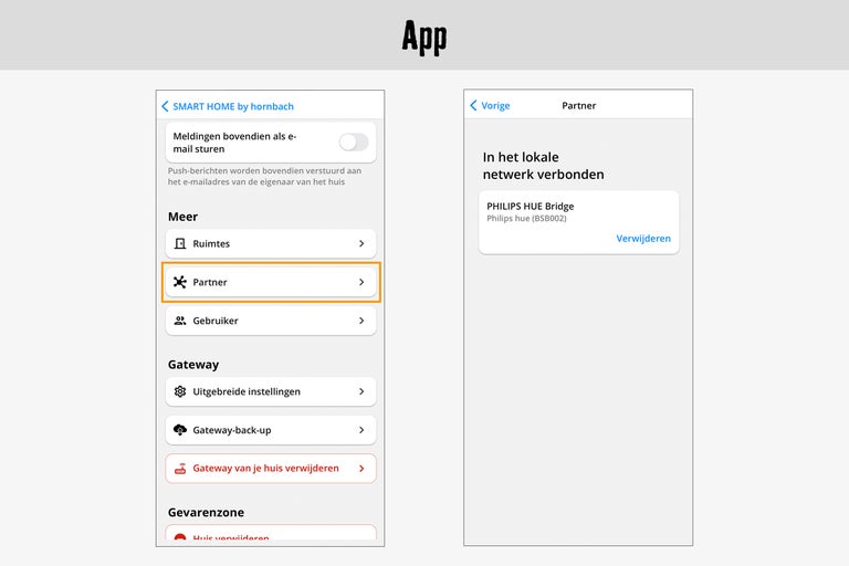 SMART HOME by Hornbach app-weergave met partnerfunctie en PHILIPS HUE Bridge