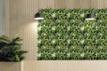 Decoratieve wand met kunstplanten, twee hanglampen en een pot met een kamerplant Decoratieve wand met kunstplanten, twee hanglampen en een pot met een kamerplant