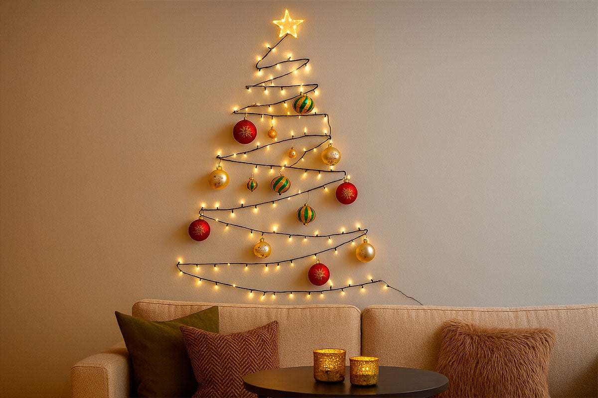 Wanddecoratie met lichtketting in de vorm van een kerstboom en kerstballen boven een bank
