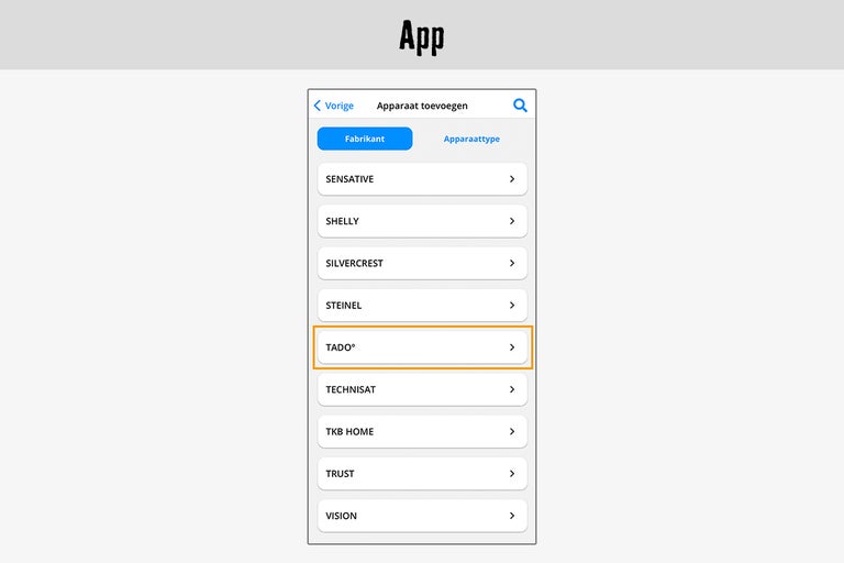 App-weergave met een lijst van apparaatfabrikanten, waarbij Tado is gemarkeerd
