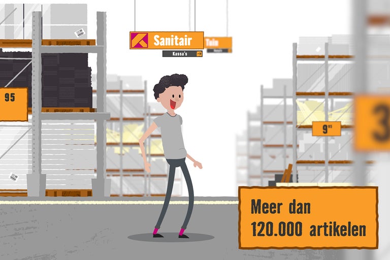 Illustratie van een Hornbach bouwmarkt met schappen en goederen