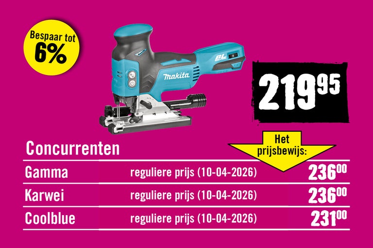 Makita decoupeerzaag voor 219,95 euro, tot 6 procent goedkoper dan Gamma, Karwei en Coolblue volgens de prijsvergelijking.