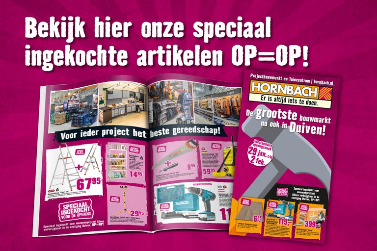 Reclamepagina met gereedschappen en bouwmaterialen uit het Hornbach-assortiment