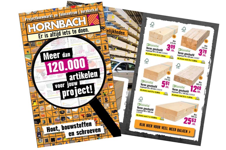 Hornbach folder met Hornbach Logo, ruim 120.000 artikelen en Konsta Logo producten zoals geschaafd vurenhout met FSC-certificering.