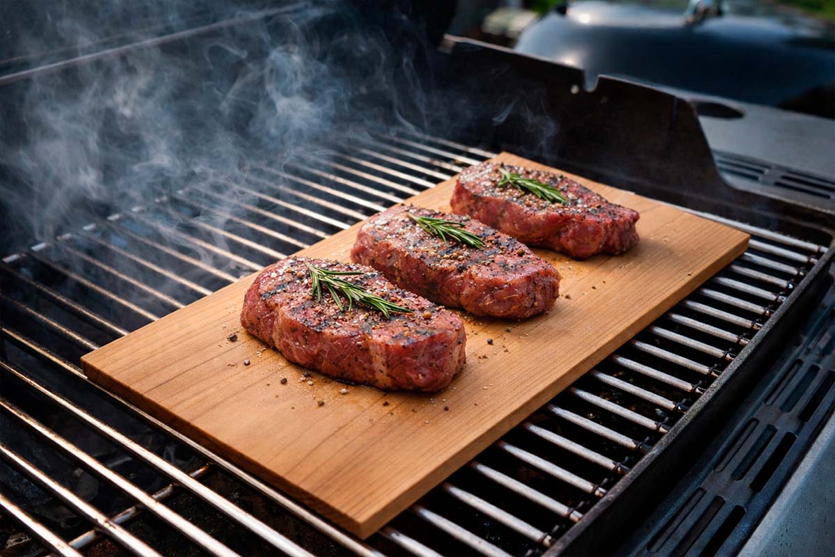 Drie steaks met rozemarijn op een houten plank op een barbecue.