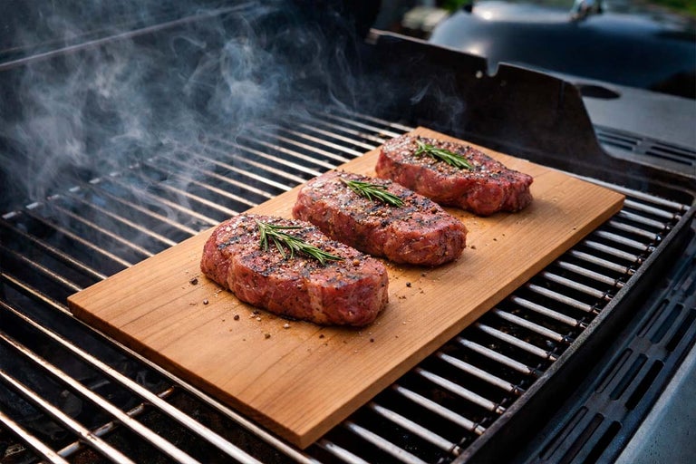 Drie steaks met rozemarijn op een houten plank op een barbecue.