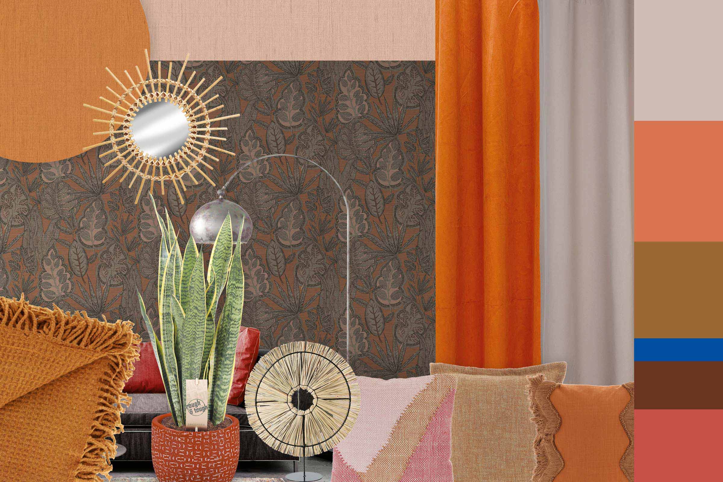 Decoratieve kamer met kamerplant, kussens, deken, gordijnen, behang en spiegel