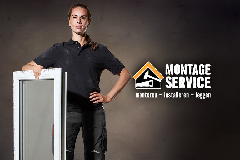 Vrouw met een raam en het montage service logo