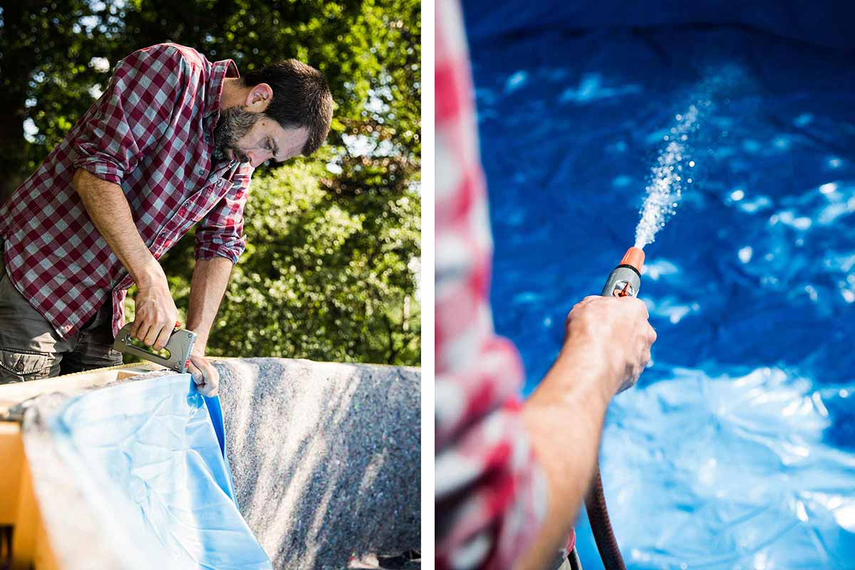 Persoon bevestigt zwembadfolie met een tacker en vult het zwembad met water.