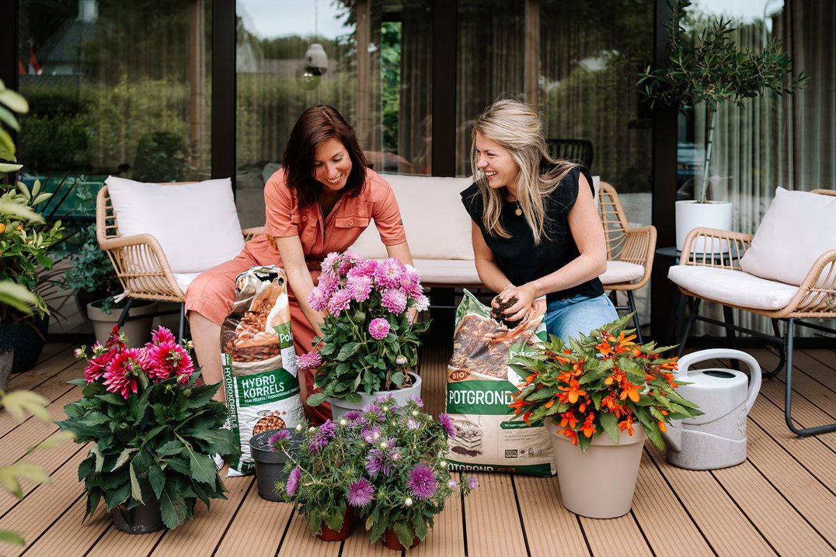 Twee vrouwen planten bloemen op een terras met potgrond en hydrokorrels.