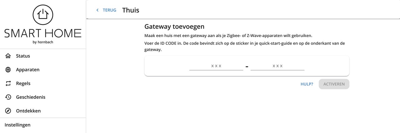 Smart Home by Hornbach interface voor het toevoegen van een gateway