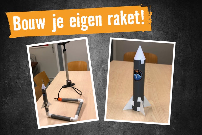 Afbeelding van een doe-het-zelf raketproject met een pomp en raketonderdelen op een tafel, met de tekst Bouw je eigen raket!