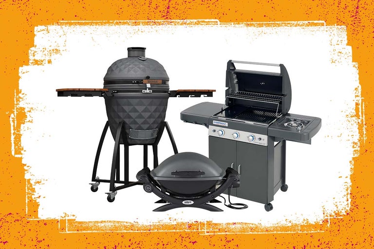 Drie verschillende soorten barbecues: keramische barbecue, gasbarbecue en bolbarbecue.