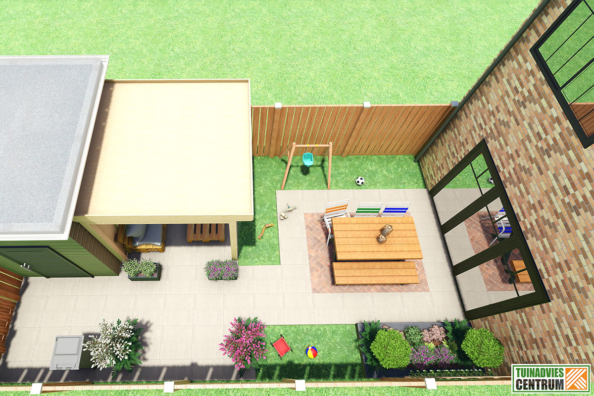 Bovenaanzicht van een tuin met terras, zithoek, schommel en beplanting