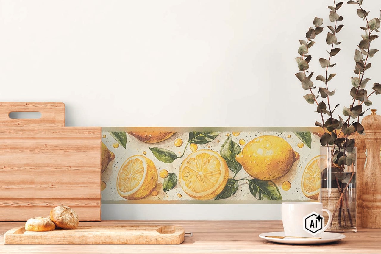 Keukenbehangrand met citroenmotief in een moderne keuken met houten snijplank en koffiekop
