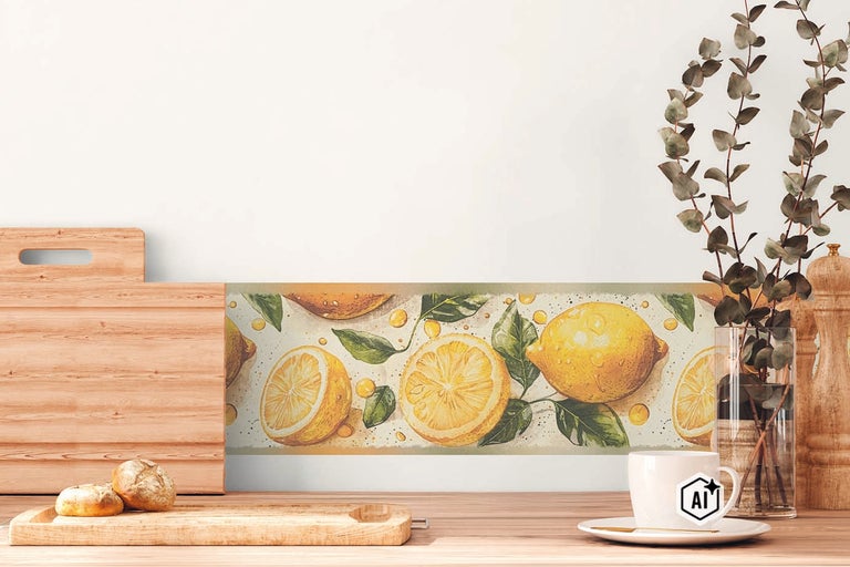 Keukenbehangrand met citroenmotief in een moderne keuken met houten snijplank en koffiekop