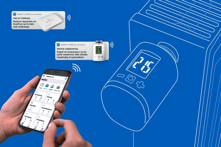 Smart Home verwarmingsregeling met gateway, radiatorknop en smartphone app voor temperatuurregeling.