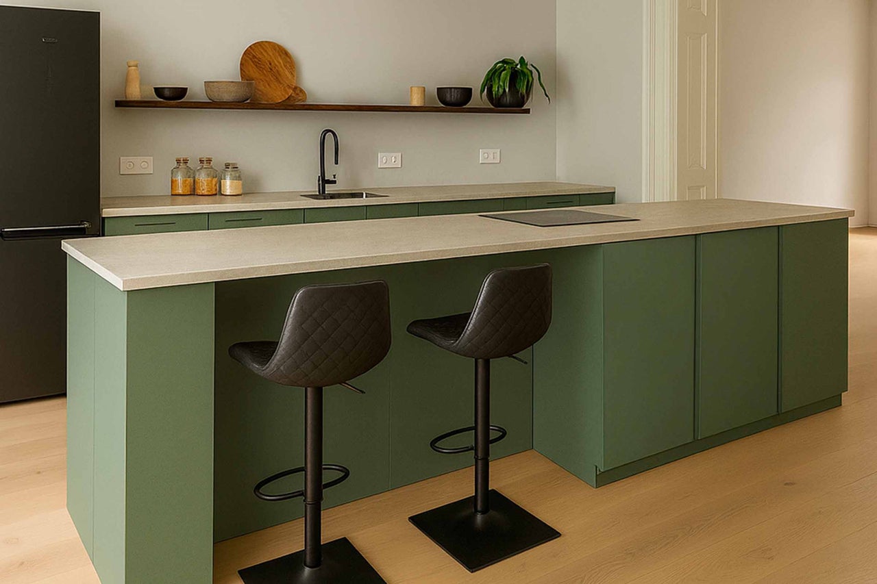 Lichte keuken met kookeiland, twee barkrukken en planken