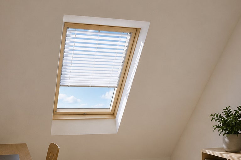 Dakraam van hout met witte jaloezie in een lichte zolderkamer met zicht op de blauwe lucht.