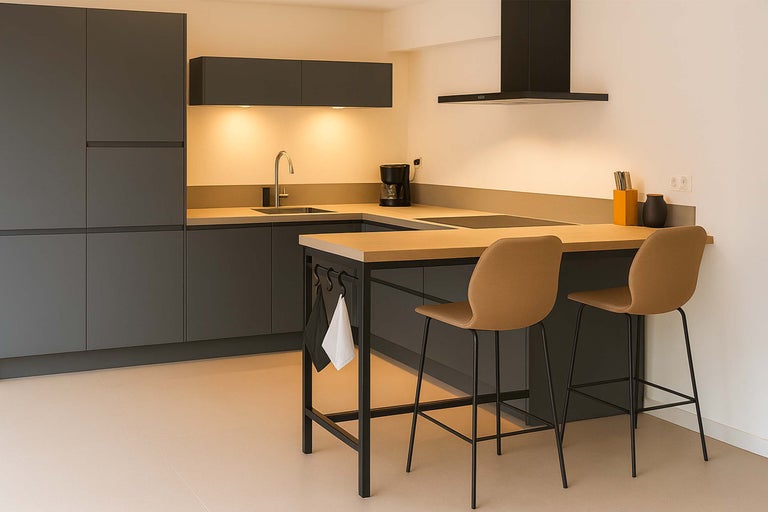 Moderne keuken met grijze kasten, houten werkbladen en barkrukken.