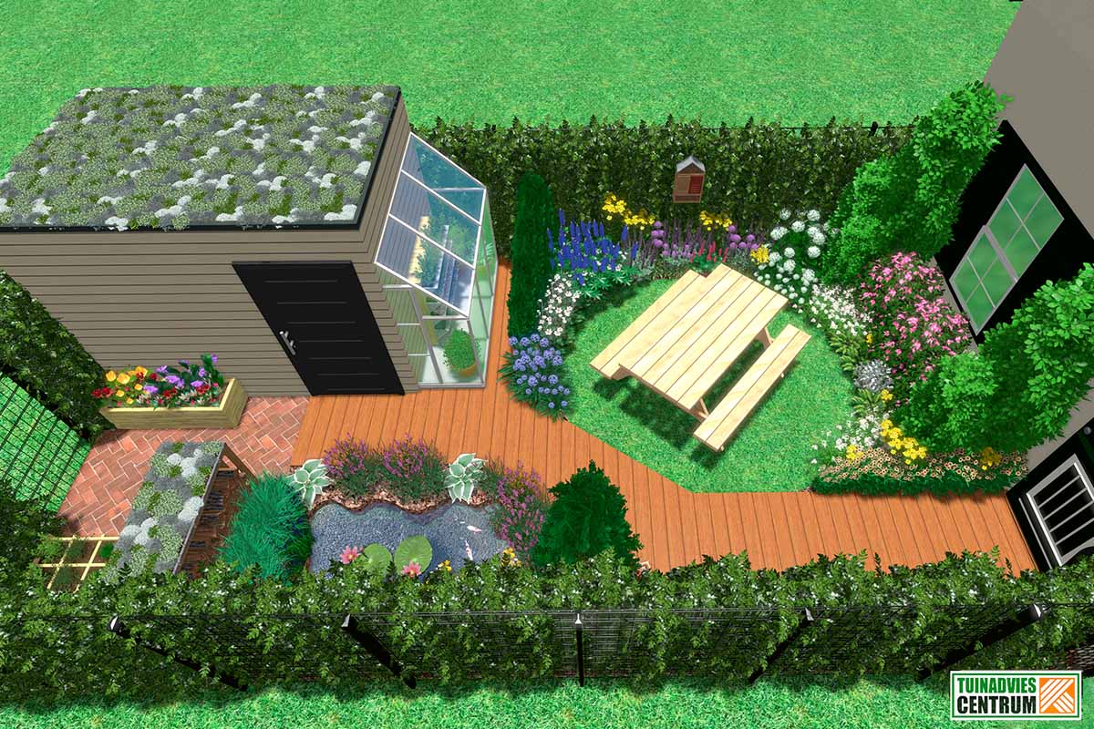Overzicht van een ontworpen tuin met tuinhuis, kas, vijver en picknicktafel.