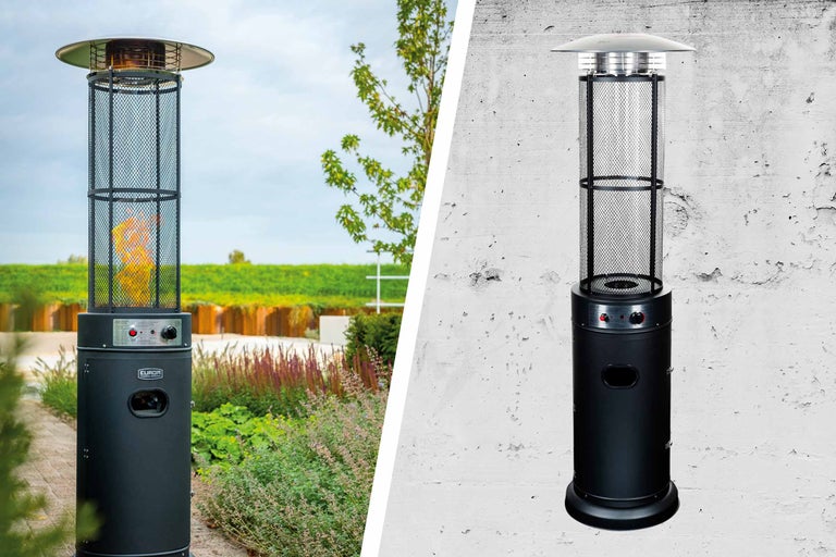 Terrasverwarmer met warmtestraler in een tuin en voor een muur