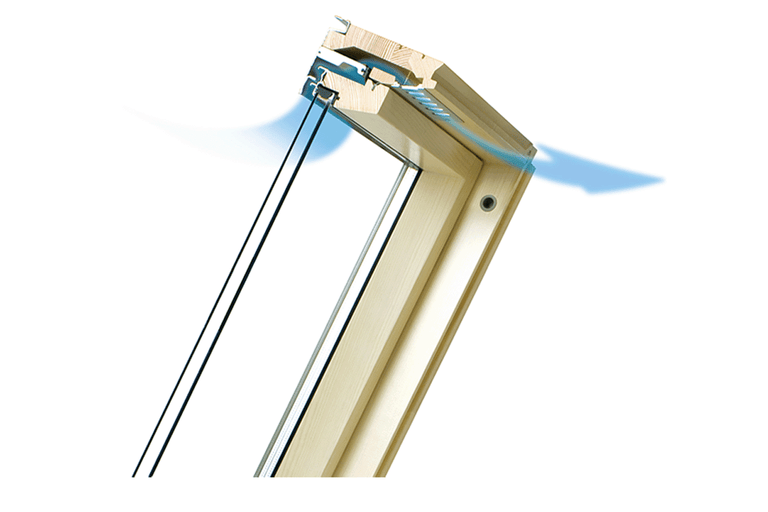 Dakvenster in dwarsdoorsnede met ventilatiesysteem