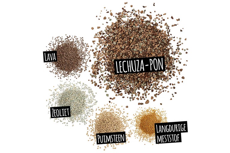 Weergave van verschillende toeslagstoffen voor planten: lava, Lechuza-Pon, zeoliet, puimsteen en langdurige meststof