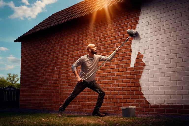 Man schildert een bakstenen muur met een verfroller