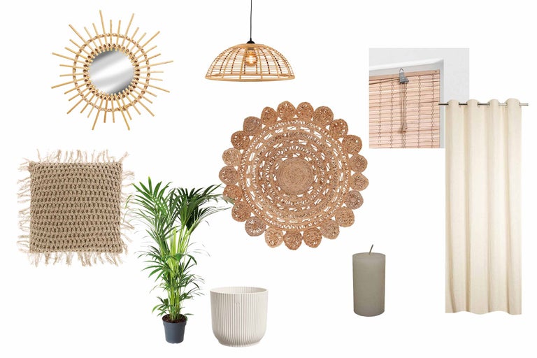 Decoratieve kamerindeling met spiegel, lamp, tapijt, kussen, plant, pot, kaars, gordijn en jaloezie