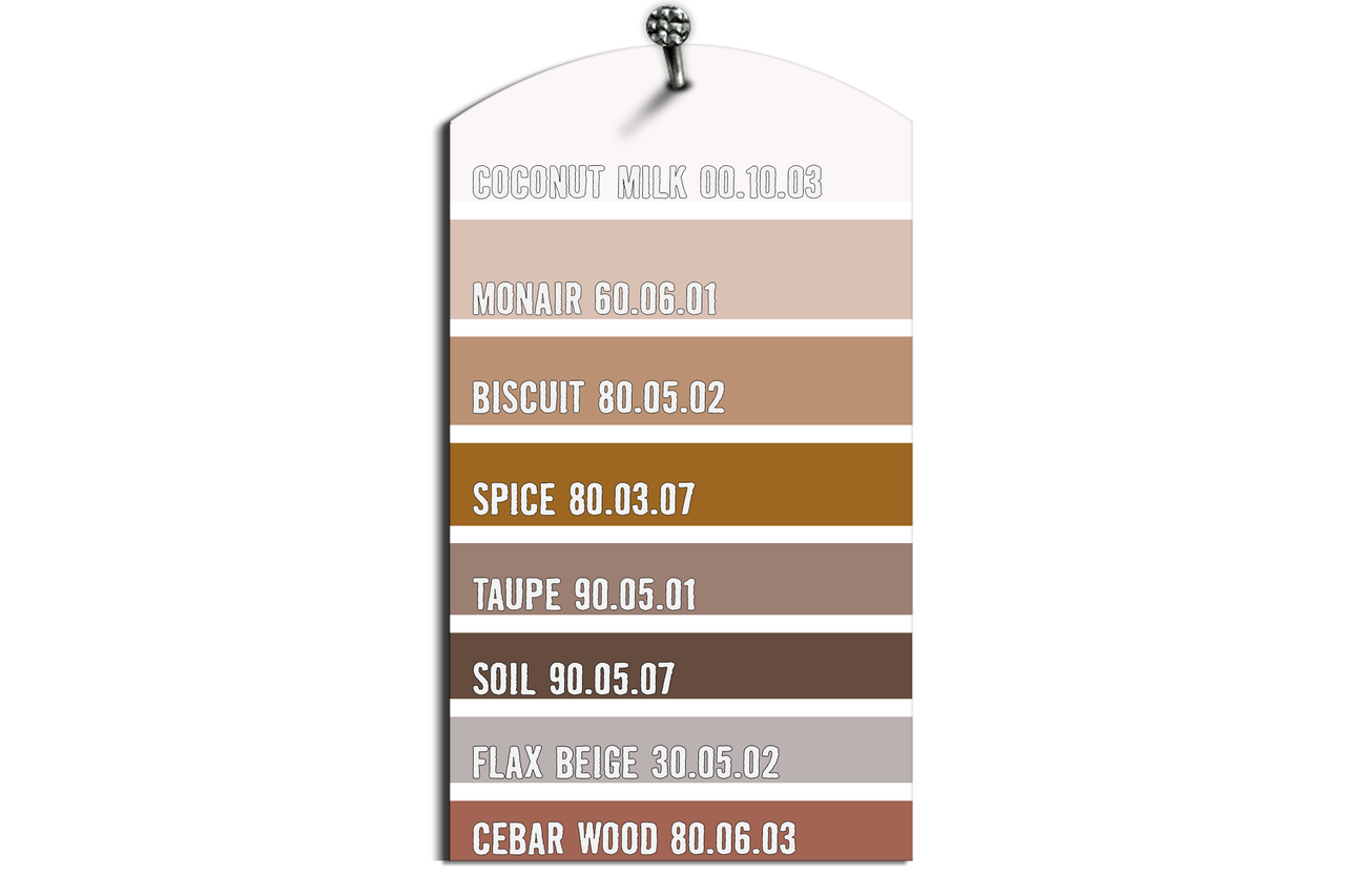 Kleurenkaart met verschillende tinten beige en bruin, inclusief kleurnamen en kleurcodes voor het kiezen van muurverf.