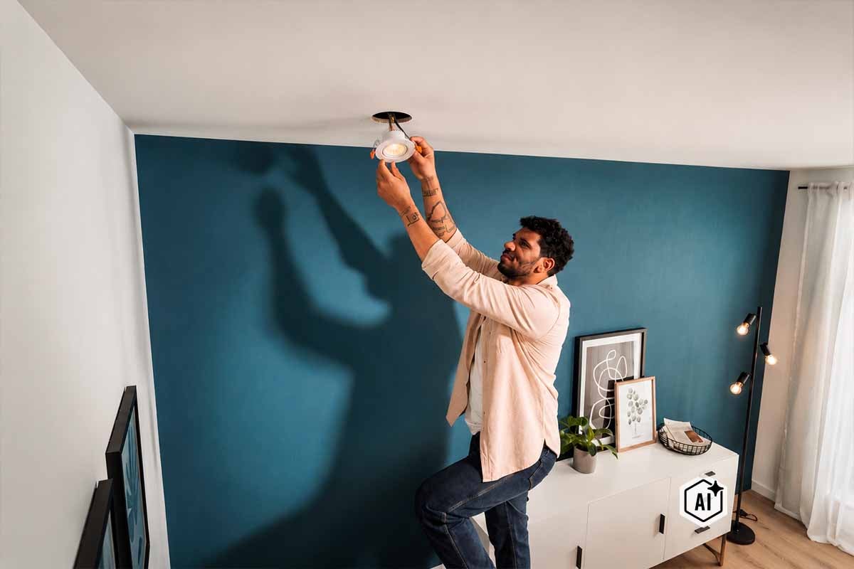Een man installeert een led inbouwspot in het plafond van een moderne woonkamer met een blauwe muur.