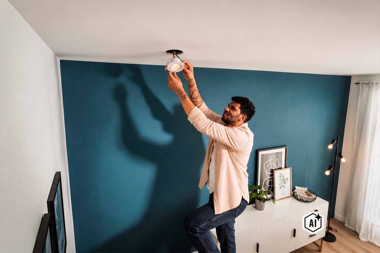 Een man installeert een led inbouwspot in het plafond van een moderne woonkamer met een blauwe muur.