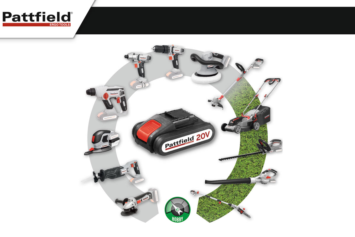 Productoverzicht van de Pattfield 20 volt accugereedschapserie voor de hobbyist, inclusief accu, boormachine, grasmaaier en andere tuinaccessoires