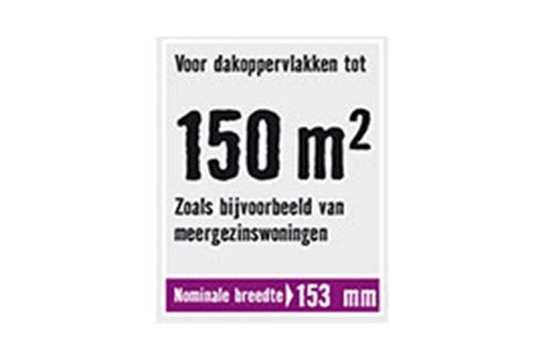 Informatie over dakoppervlak tot 150 vierkante meter met een nominale breedte van 153 millimeter.